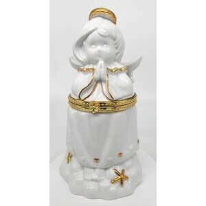 White Angel Trinket Box Porcelain Ceramic Hinged Gold Trim Praying Halo Wings
